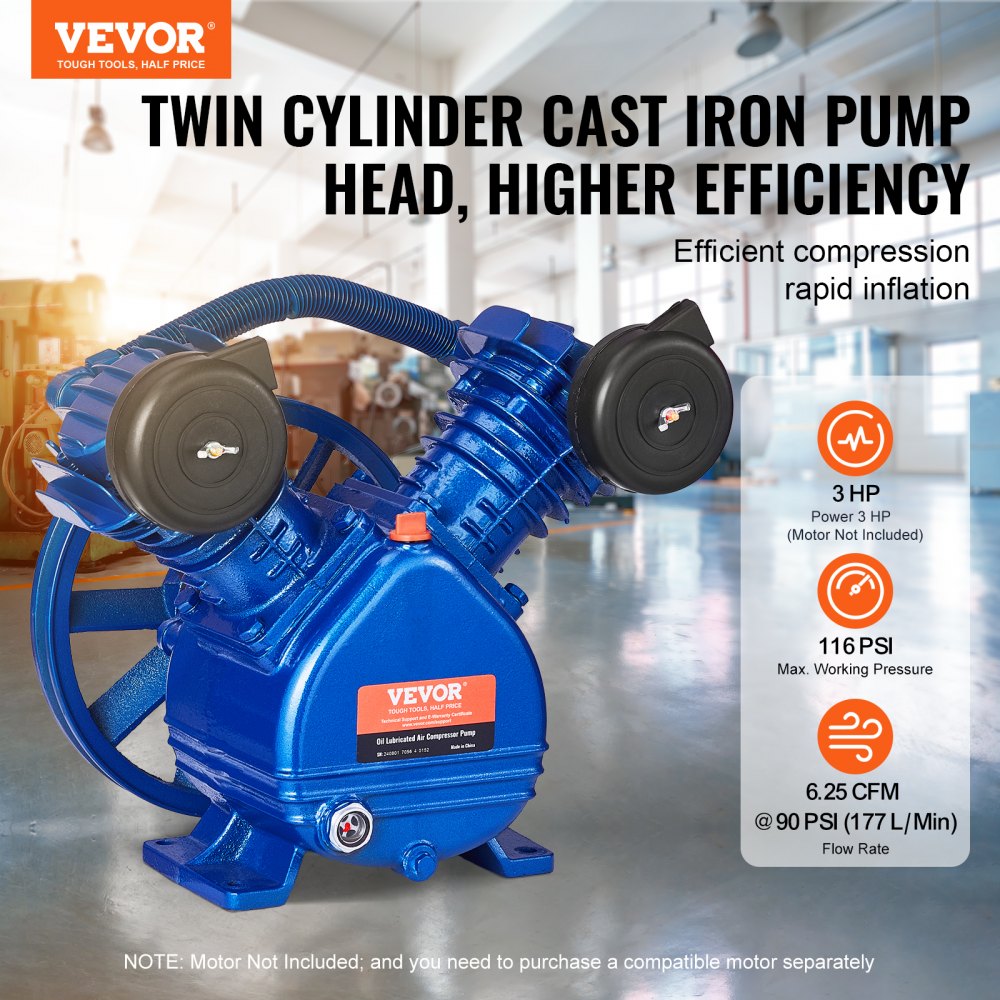 VEVOR Air Compressor Pump Head, 3HP 6.25CFM @ 90PSI, Twin Cylinder Oil Lubricated Air Compressor Piston Pump Head, Single Stage V-Type Cast Iron Air Compressor Pump Replacement with Max. 116PSI Pressure