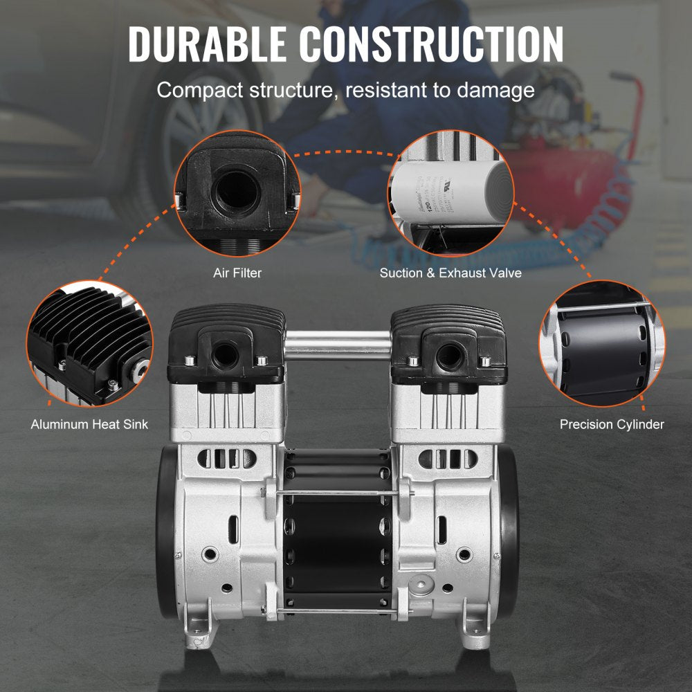 VEVOR Air Compressor Motor, 2HP 5.2CFM @ 90PSI Oil Free Air Compressor Pump & Max. 145PSI Pressure, 78dB Ultra-Quiet Compressor Motor for Auto Repair, Tire Inflation, Spray Painting, Woodwork Nailing