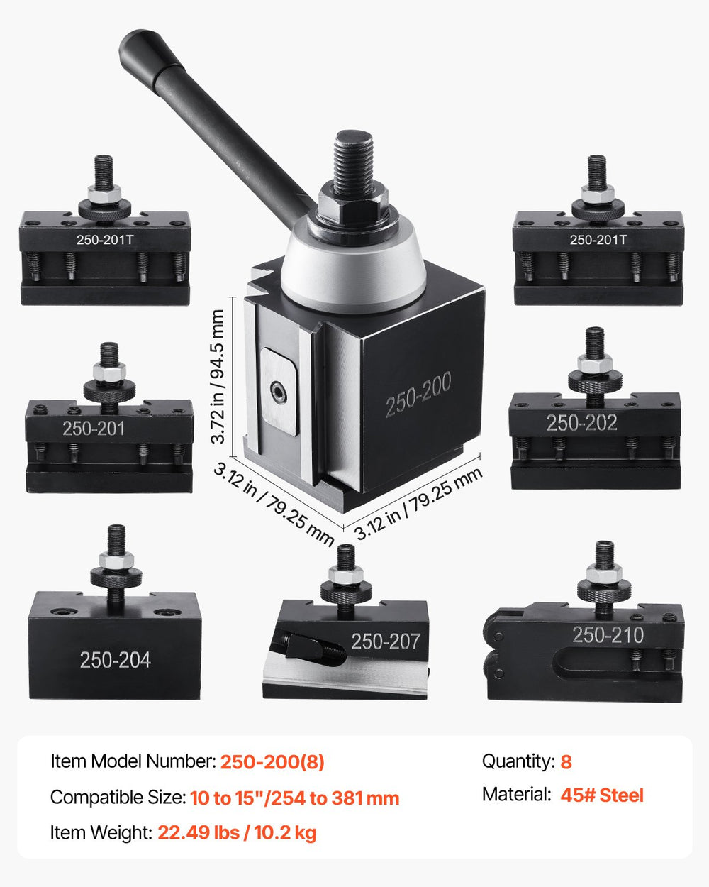 VEVOR Quick Change Tool Post Set, 8 Pcs, Includes Lathe Tool Holders, Piston Type Tool Post with Turning Tool Holder Accessories, for Mini Lathe & Metal Lathe 10"-15" Swing, Durable Steel Material
