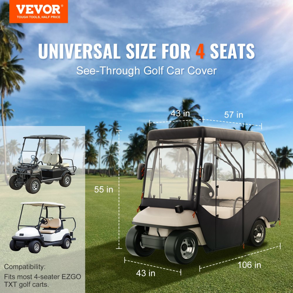 VEVOR Golf Cart Enclosure, 600D Polyester Driving Enclosure with 4-Sided Transparent Windows, 4 Passenger Club Car Covers for 2+2 Passenger Golf Carts, Sunproof and Dustproof Outdoor Cart Cover