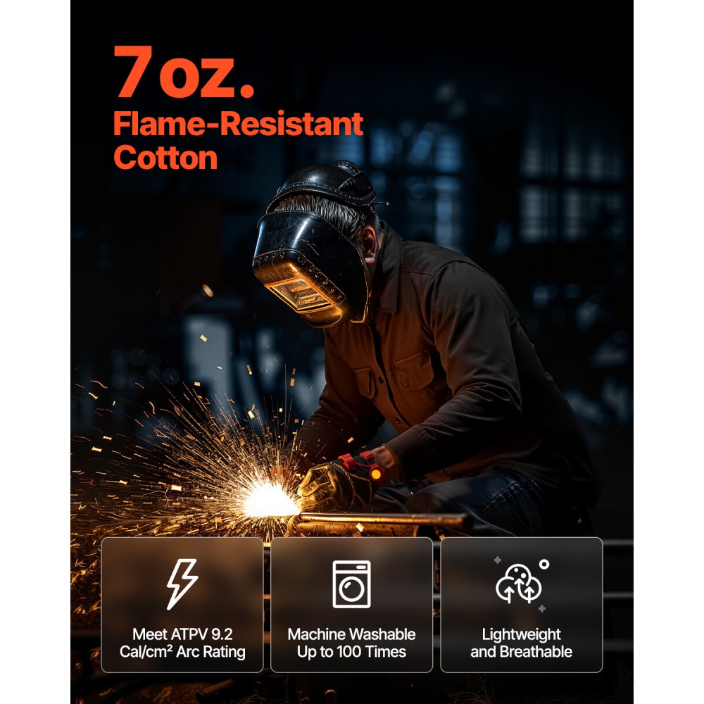VEVOR Flame Resistant Welding Jacket, 7oz. FR Shirts for Men, Machine Washable Cotton Heat-Resistant Welding Shirt, Meets ATPV 9.2 Cal/cm² Arc Rating - XXL Size