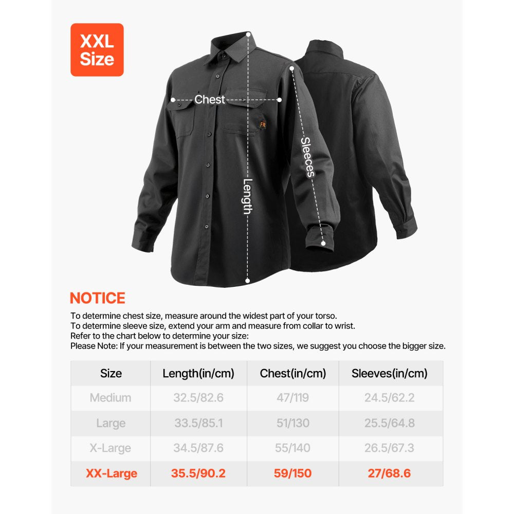VEVOR Flame Resistant Welding Jacket, 7oz. FR Shirts for Men, Machine Washable Cotton Heat-Resistant Welding Shirt, Meets ATPV 9.2 Cal/cm² Arc Rating - XXL Size