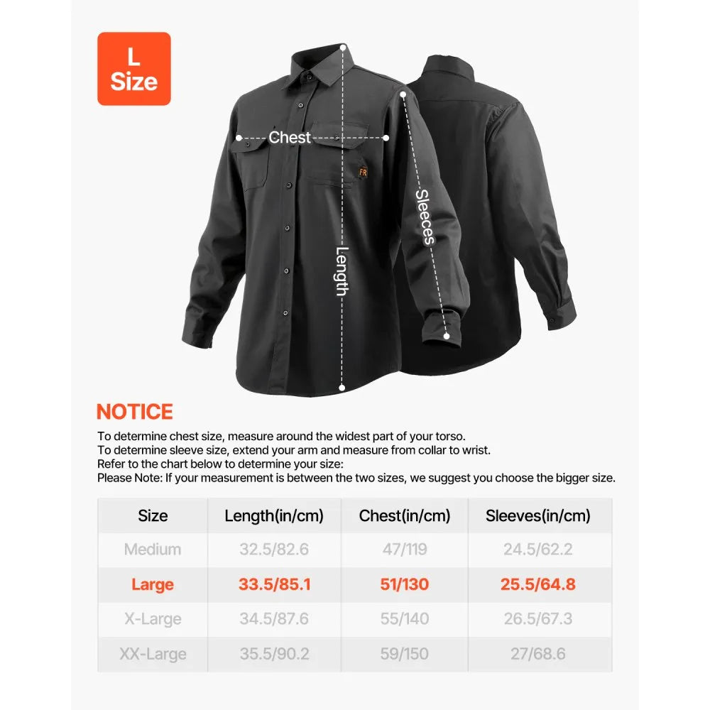 VEVOR Flame Resistant Welding Jacket, 7oz. FR Shirts for Men, Machine Washable Cotton Heat-Resistant Welding Shirt, Meets ATPV 9.2 Cal/cm² Arc Rating - L Size