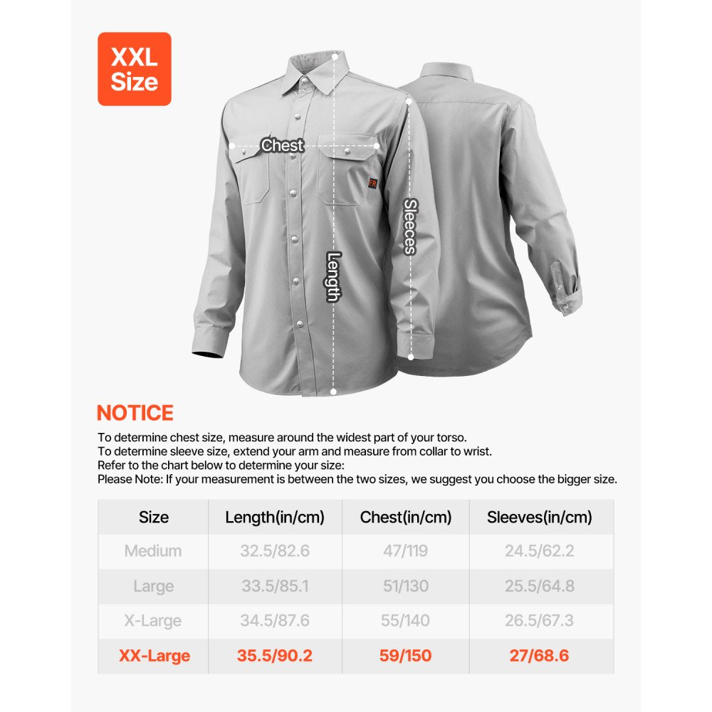 VEVOR FR Shirts for Men, 7oz. Flame Resistant Welding Jacket, Machine Washable Cotton Heat-Resistant Welding Shirt, Meets ATPV 9.2 Cal/cm² Arc Rating - XXL Size