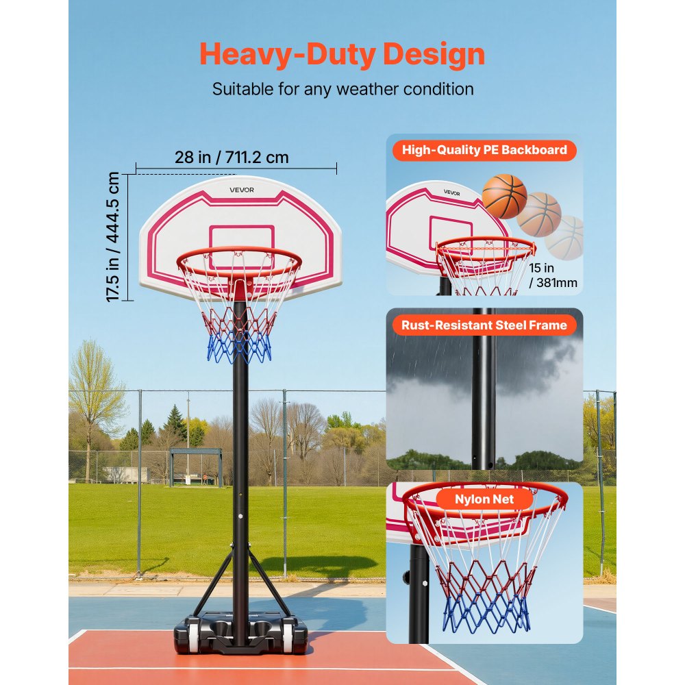 VEVOR Portable Basketball Stand, 5.2 to 6.9 ft Height Adjustment Basketball Hoop & Goal, Kids Adjustable Basketballs Hoop with Nylon Net & Rolling Wheels, Portable Backboard Set for Patios, Poolside