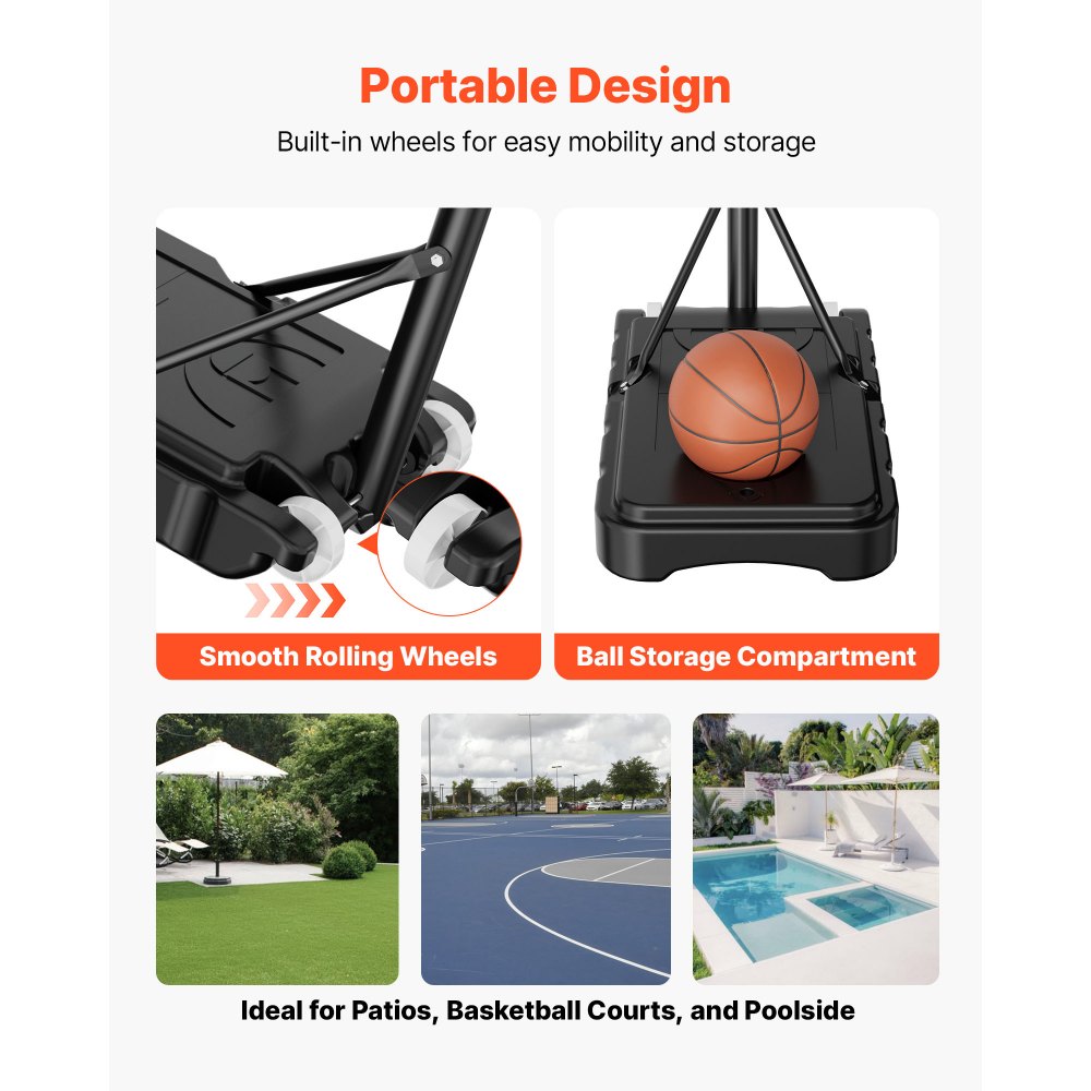 VEVOR Portable Basketball Stand, 5.2 to 6.9 ft Height Adjustment Basketball Hoop & Goal, Kids Adjustable Basketballs Hoop with Nylon Net & Rolling Wheels, Portable Backboard Set for Patios, Poolside