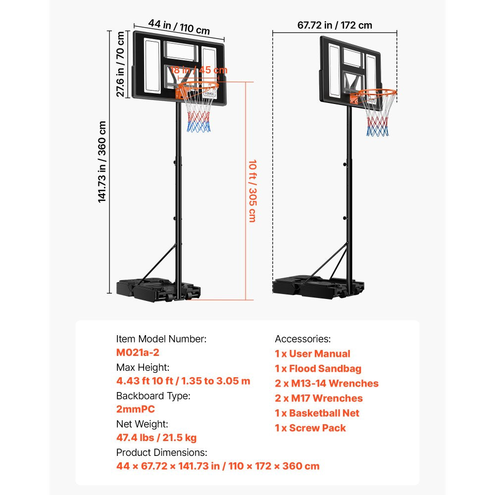 VEVOR Portable Basketball Stand, 4.4 ft to 10 ft Height Adjustment Basketball Hoop & Goal, Adjustable Basketballs Goal System with Built-in Rolling Wheels for Kids, Teens, Adults in Driveways, Pools