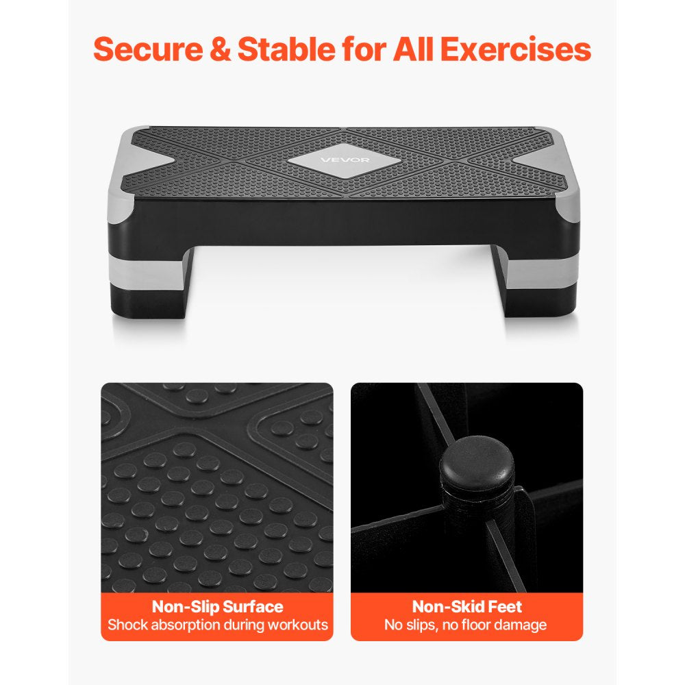 VEVOR Aerobic Exercise Step Platform, 28-Inch Workout Aerobic Stepper, Height Adjustable Fitness Training Step Deck Trainer with 4 Risers, Non-Slip Surface Bench for Home Gym Cardio Strength, Gray