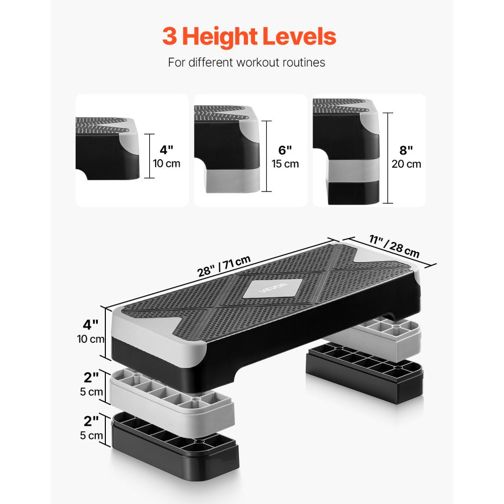 VEVOR Aerobic Exercise Step Platform, 28-Inch Workout Aerobic Stepper, Height Adjustable Fitness Training Step Deck Trainer with 4 Risers, Non-Slip Surface Bench for Home Gym Cardio Strength, Gray