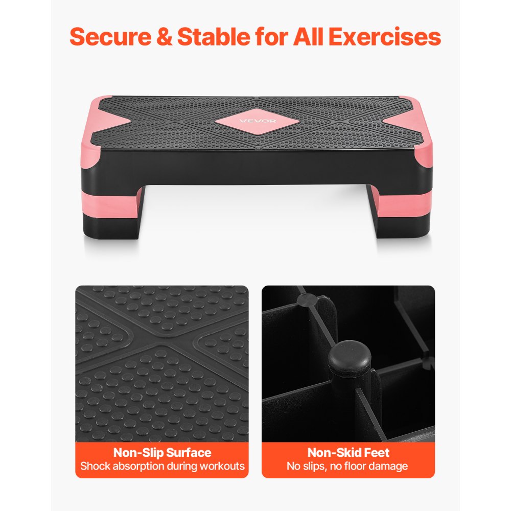 VEVOR Aerobic Exercise Step Platform, 28-Inch Workout Aerobic Stepper, Height Adjustable Fitness Training Step Deck Trainer with 4 Risers, Non-Slip Surface Bench for Home Gym Cardio Strength, Red