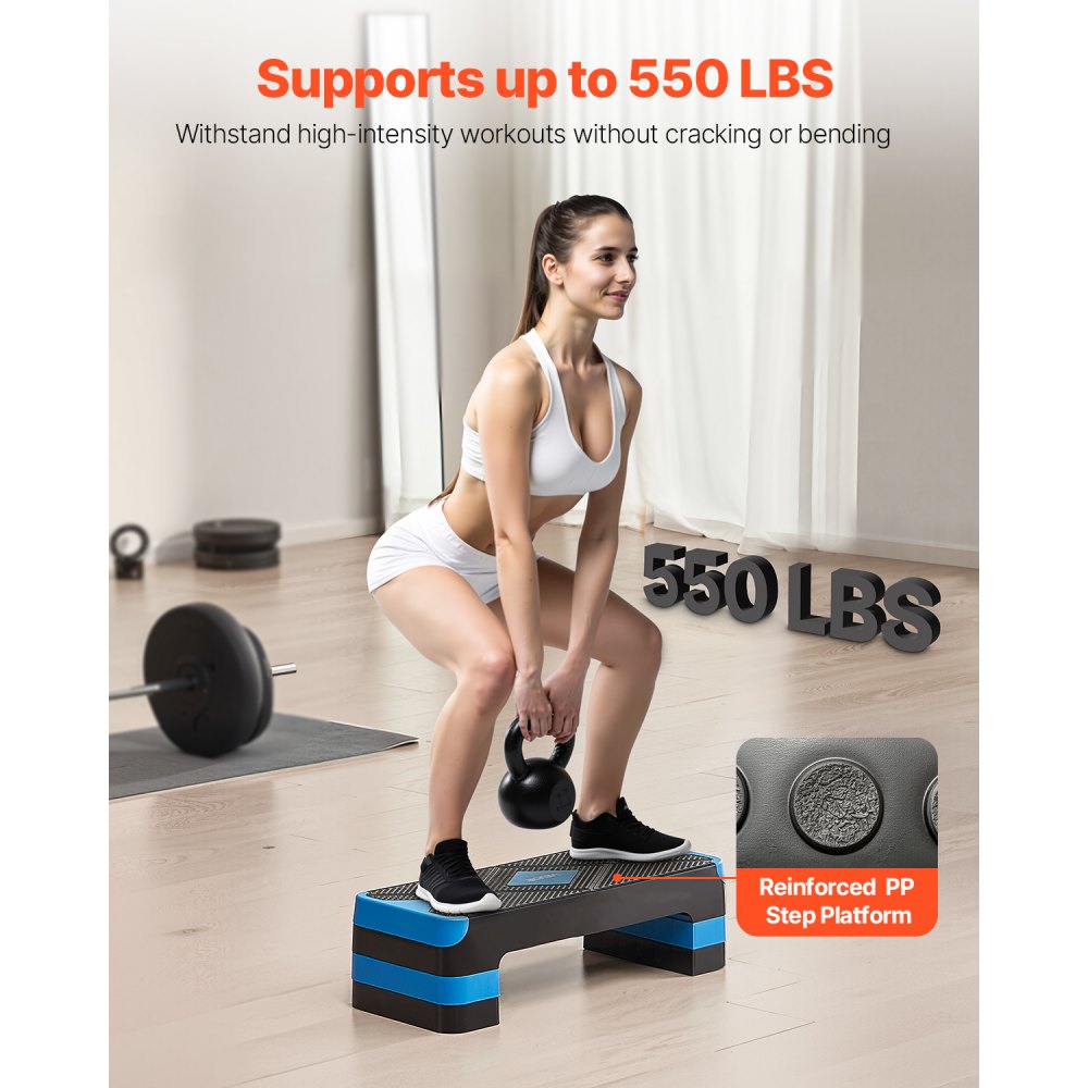 VEVOR Aerobic Exercise Step Platform, 28-Inch Workout Aerobic Stepper, Height Adjustable Fitness Training Step Deck Trainer with 4 Risers, Non-Slip Surface Bench for Home Gym Cardio Strength, Blue