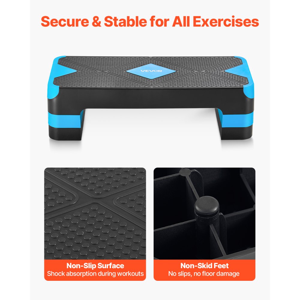 VEVOR Aerobic Exercise Step Platform, 28-Inch Workout Aerobic Stepper, Height Adjustable Fitness Training Step Deck Trainer with 4 Risers, Non-Slip Surface Bench for Home Gym Cardio Strength, Blue