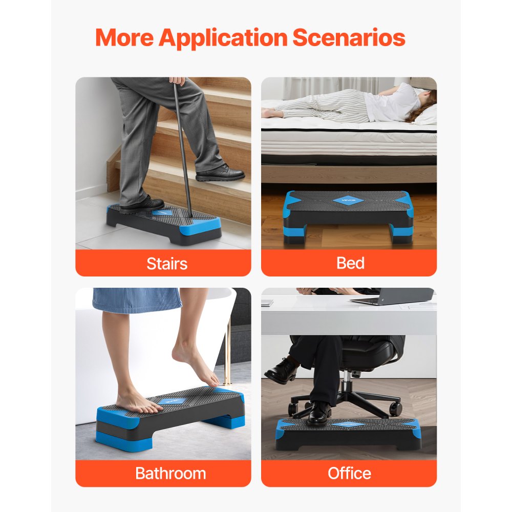 VEVOR Aerobic Exercise Step Platform, 28-Inch Workout Aerobic Stepper, Height Adjustable Fitness Training Step Deck Trainer with 4 Risers, Non-Slip Surface Bench for Home Gym Cardio Strength, Blue