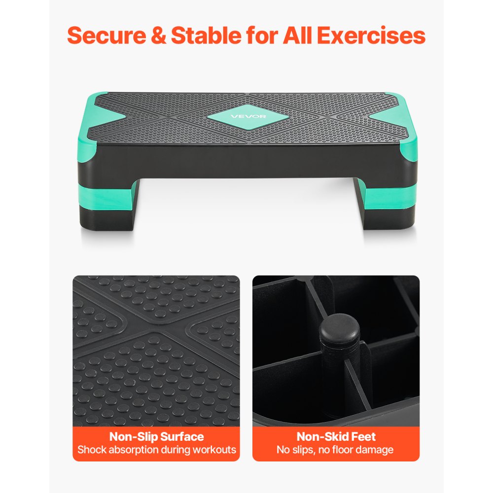 VEVOR Aerobic Exercise Step Platform, 28-Inch Workout Aerobic Stepper, Height Adjustable Fitness Training Step Deck Trainer with 4 Risers, Non-Slip Surface Bench for Home Gym Cardio Strength, Green