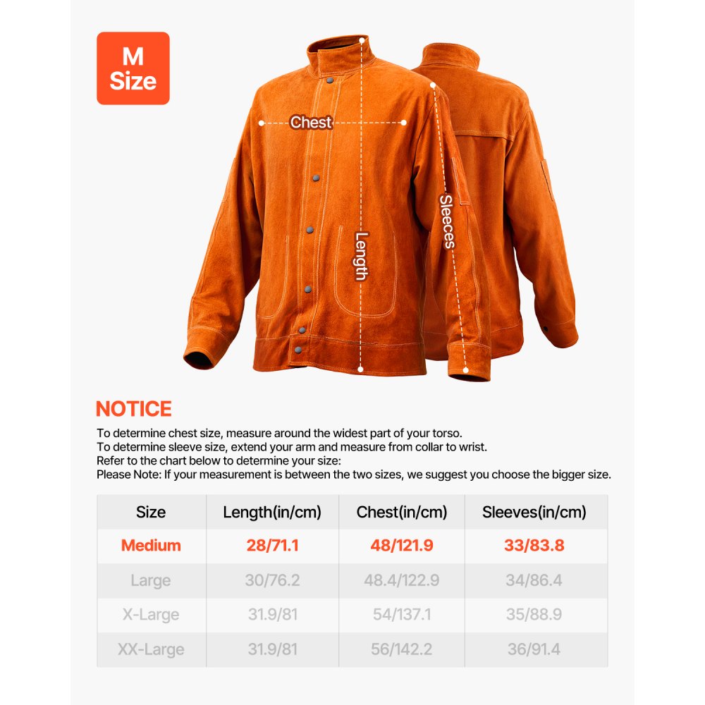 VEVOR Leather Welding Jacket, Heavy Duty Cowhide Flame Resistant Welding Coat, Waterproof Heat-Resistant Safety Jacket with 4 Pockets & Adjustable Cuffs for Welders Steelworks - M Size