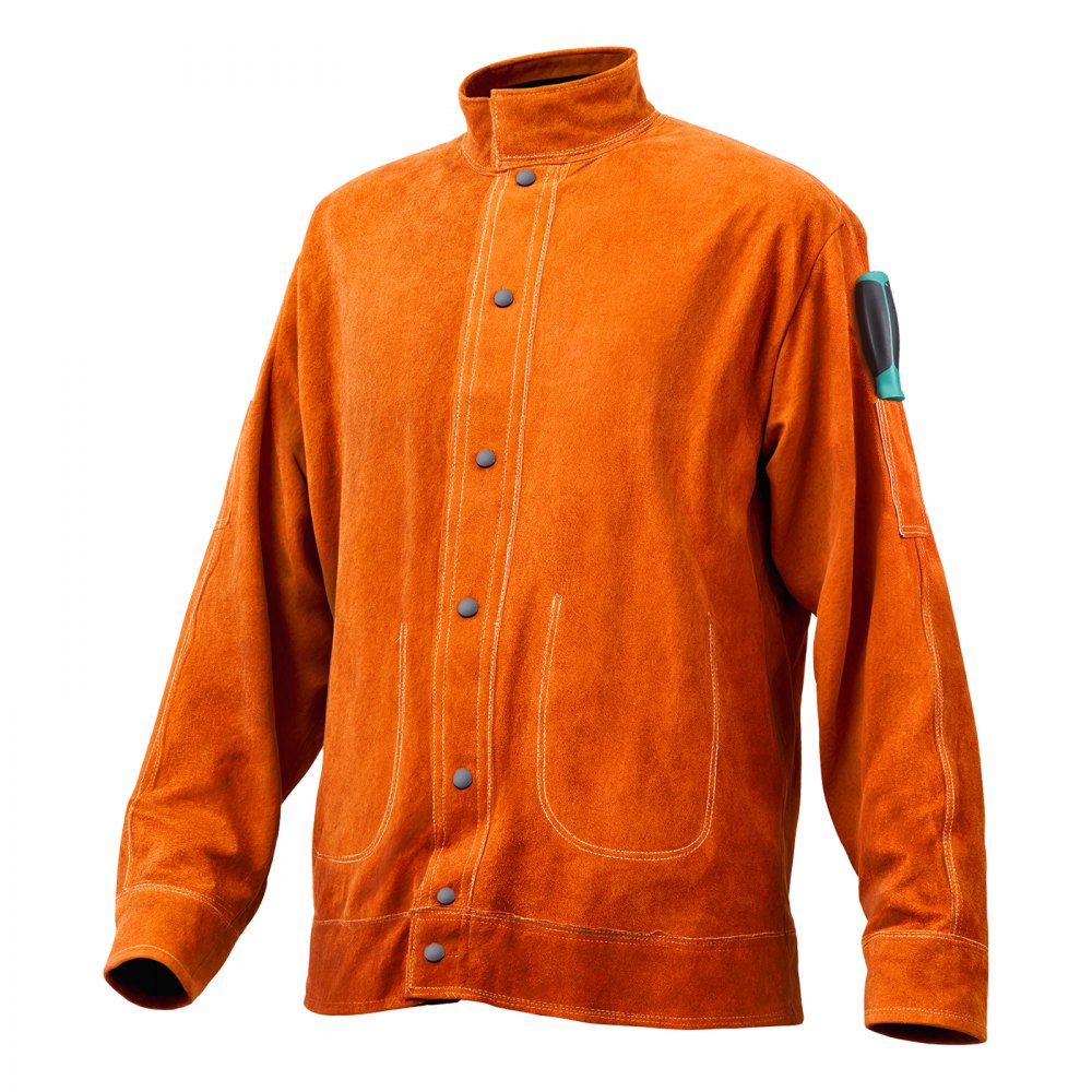 VEVOR Leather Welding Jacket, Heavy Duty Cowhide Flame Resistant Welding Coat, Waterproof Heat-Resistant Safety Jacket with 4 Pockets & Adjustable Cuffs for Welders Steelworks - M Size