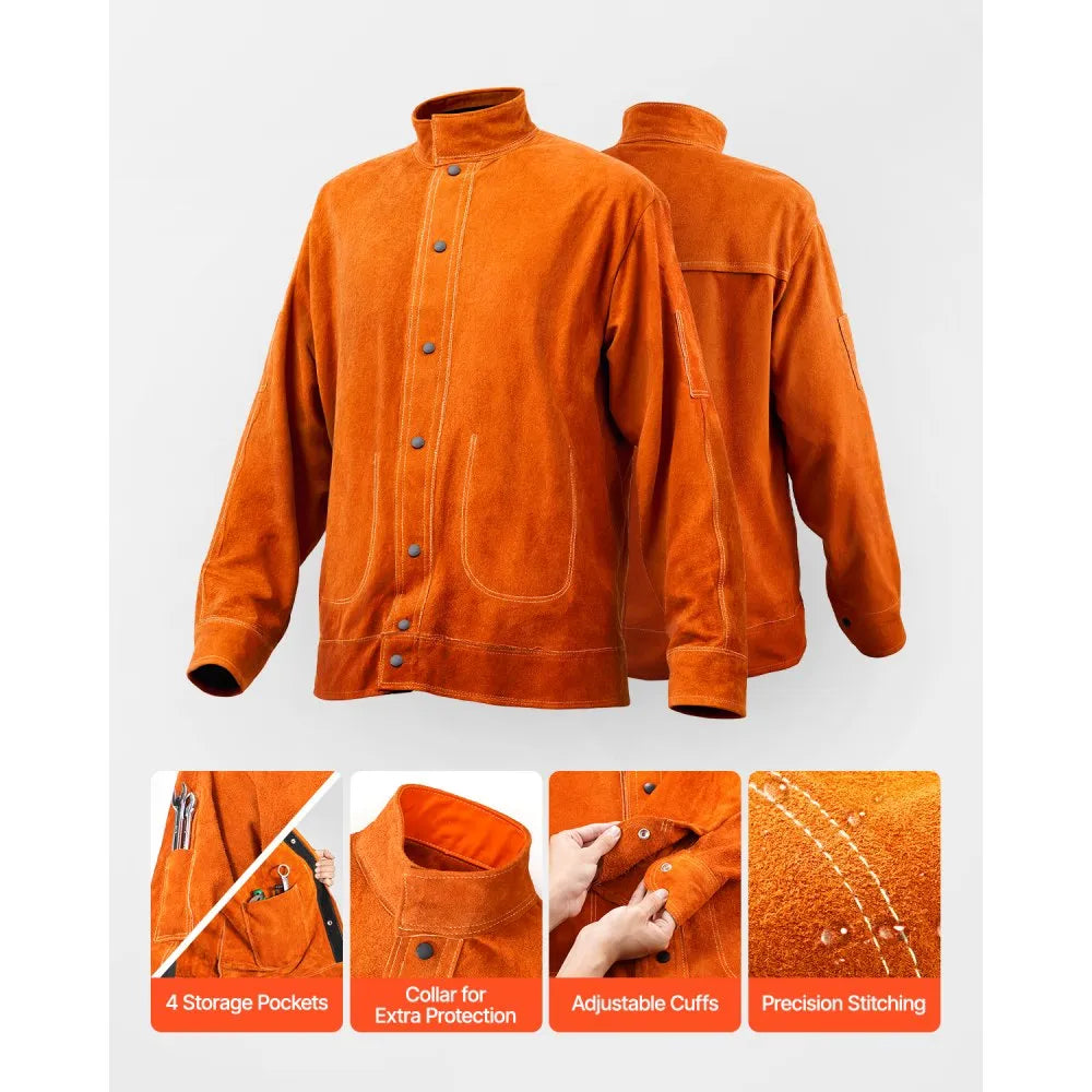 VEVOR Leather Welding Jacket, Heavy Duty Cowhide Flame Resistant Welding Coat, Waterproof Heat-Resistant Safety Jacket with 4 Pockets & Adjustable Cuffs for Welders Steelworks - XXL Size
