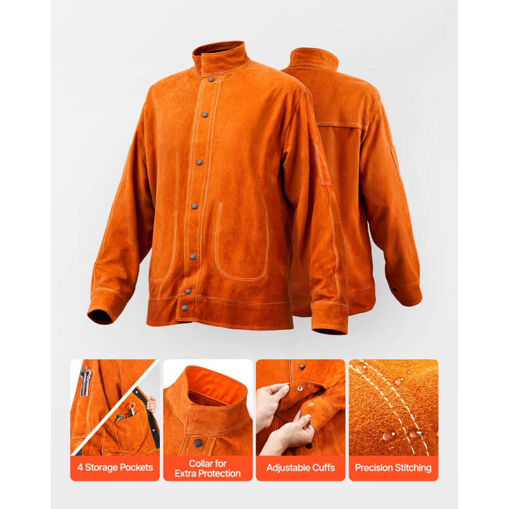 VEVOR Flame-Resistant Welding Jacket - XL Size, Heavy Duty Cowhide Leather Welding Jacket, Waterproof Heat-Resistant Safety Jacket with Snap Buttons, 4 Pockets & Adjustable Cuffs for Welder Steelworks