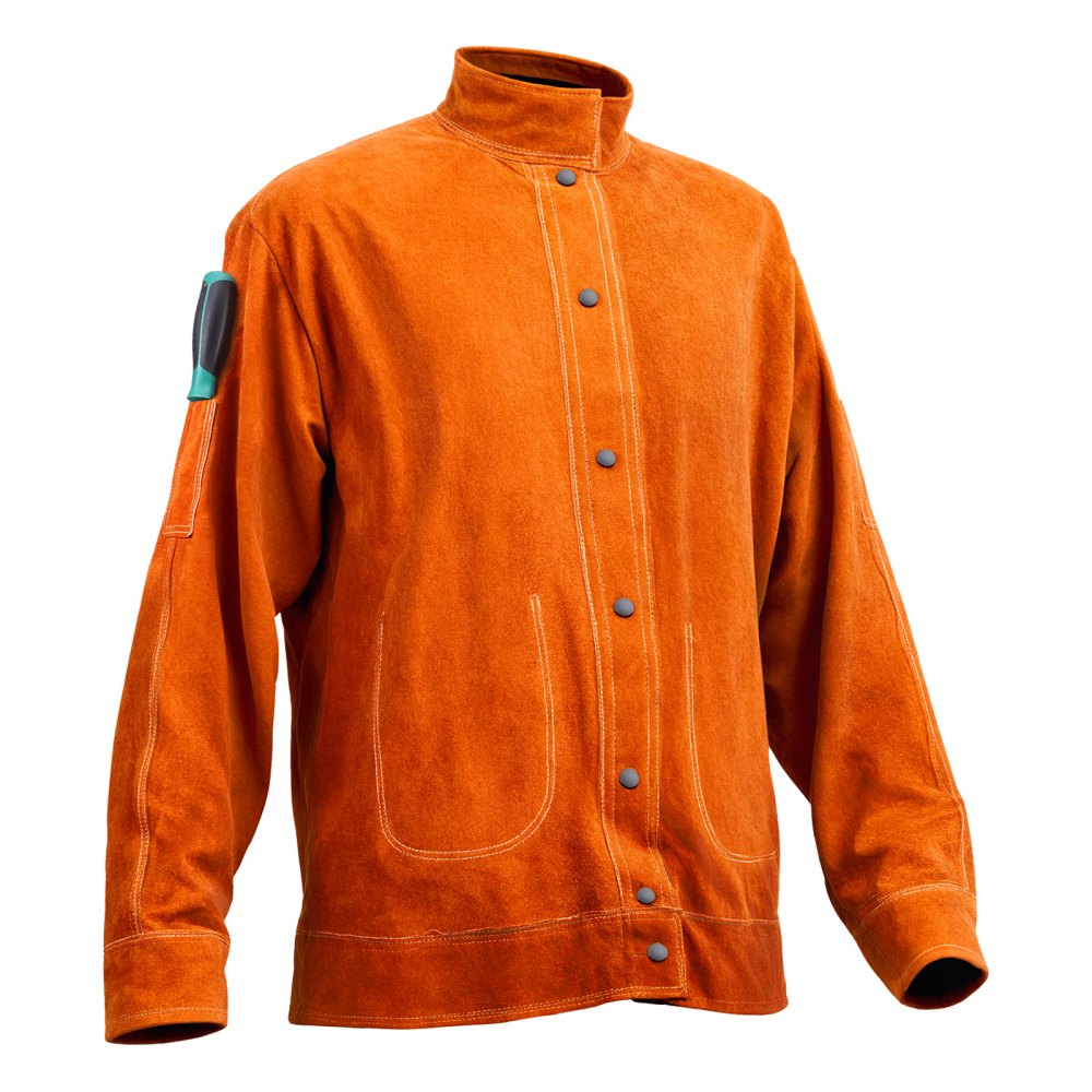 VEVOR Flame-Resistant Welding Jacket - XL Size, Heavy Duty Cowhide Leather Welding Jacket, Waterproof Heat-Resistant Safety Jacket with Snap Buttons, 4 Pockets & Adjustable Cuffs for Welder Steelworks