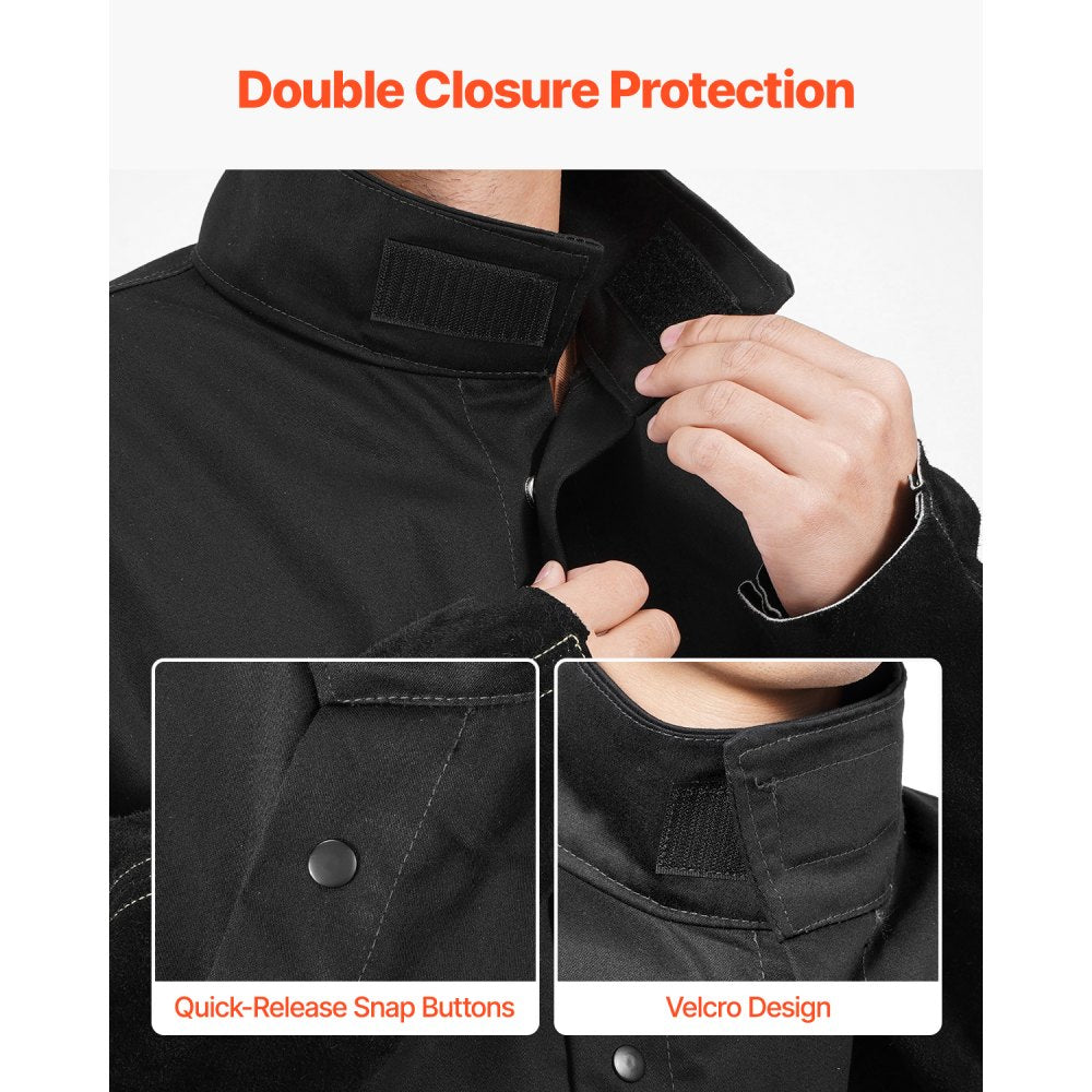 VEVOR Flame Resistant Welding Jacket, Heavy Duty Split Cowhide Leather Sleeves + 9 oz. FR Pure Cotton Body, Heat-Resistant Welding Safety Jacket for Welder Fitters - XXL Size
