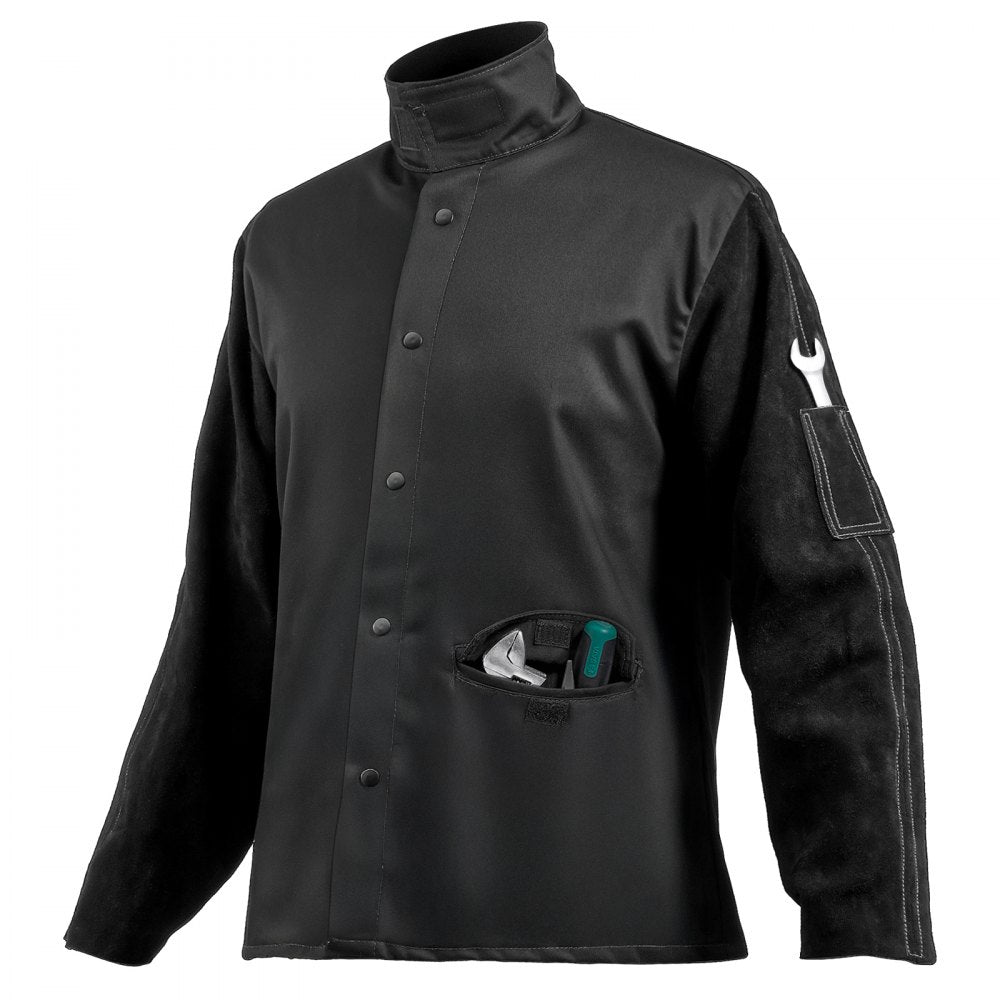 VEVOR Flame Resistant Welding Jacket, Heavy Duty Split Cowhide Leather Sleeves + 9 oz. FR Pure Cotton Body, Heat-Resistant Welding Safety Jacket for Welder Fitters - XXL Size
