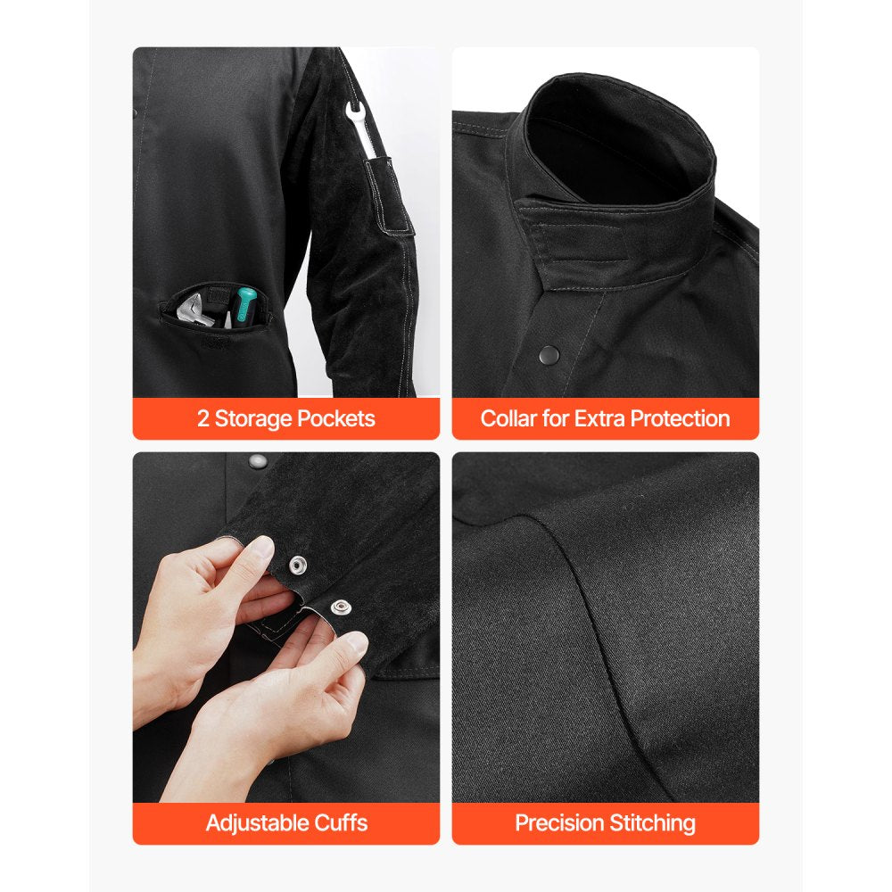 VEVOR Flame Resistant Welding Jacket, Heavy Duty Split Cowhide Leather Sleeves + 9 oz. FR Pure Cotton Body, Heat-Resistant Welding Safety Jacket for Welder Fitters - M Size