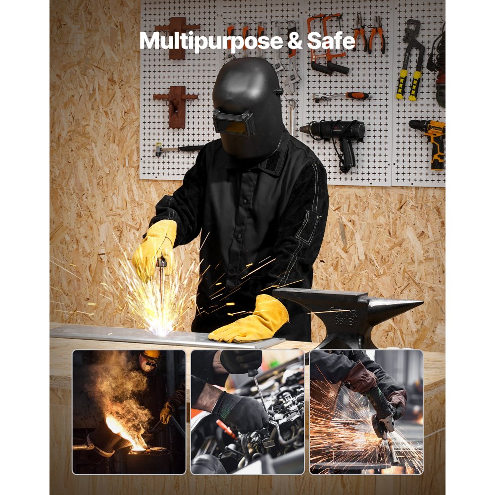 VEVOR Flame Resistant Welding Jacket, Heavy Duty Split Cowhide Leather Sleeves + 9 oz. FR Pure Cotton Body, Heat-Resistant Welding Safety Jacket for Welder Fitters - M Size