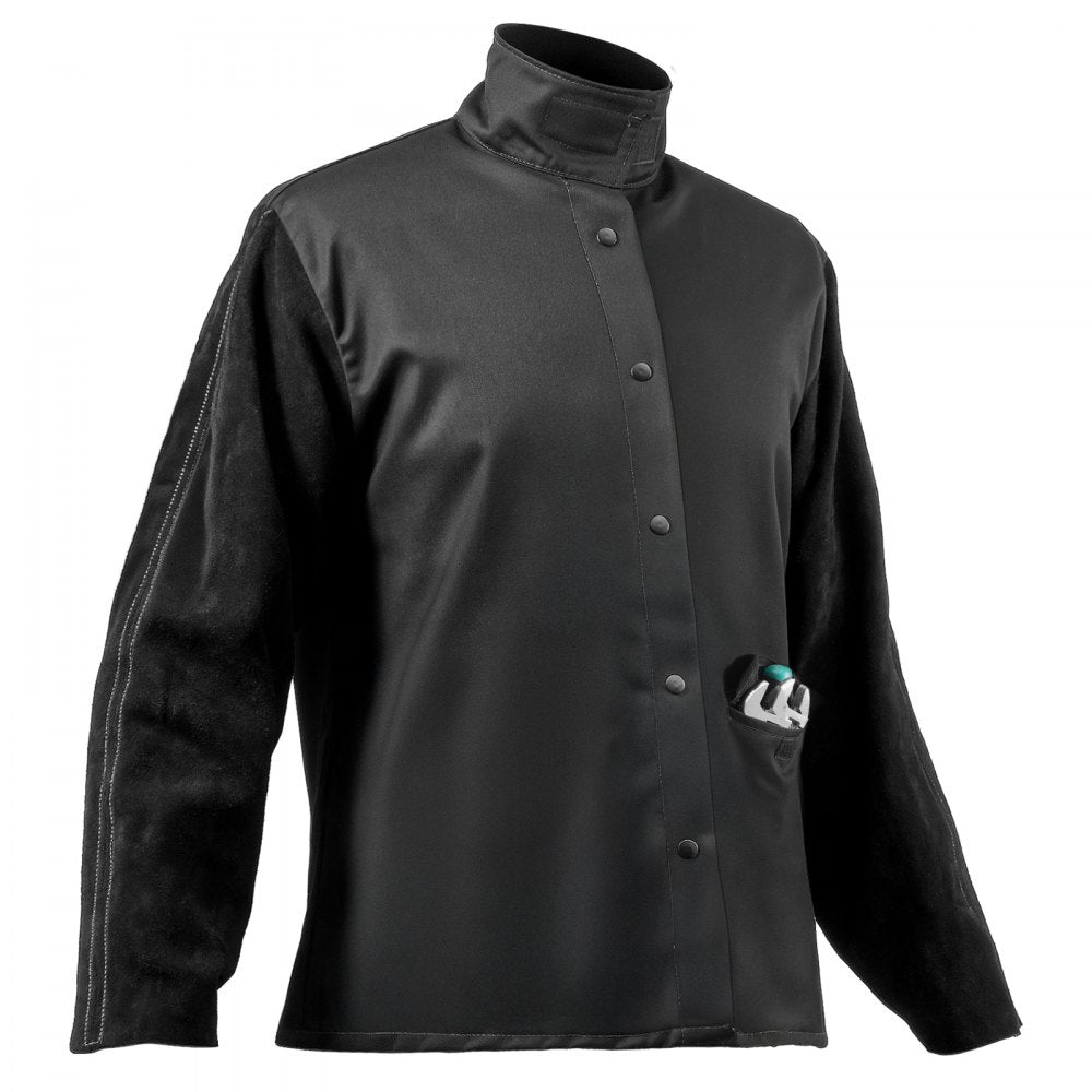 VEVOR Flame Resistant Welding Jacket, Heavy Duty Split Cowhide Leather Sleeves + 9 oz. FR Pure Cotton Body, Heat-Resistant Welding Safety Jacket for Welder Fitters - M Size