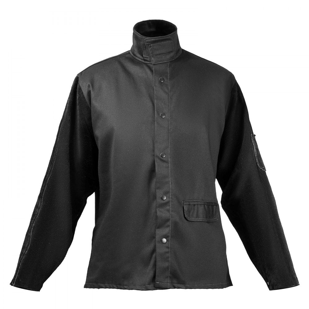 VEVOR Flame Resistant Welding Jacket, Heavy Duty Split Cowhide Leather Sleeves + 9 oz. FR Pure Cotton Body, Heat-Resistant Welding Safety Jacket for Welder Fitters - M Size
