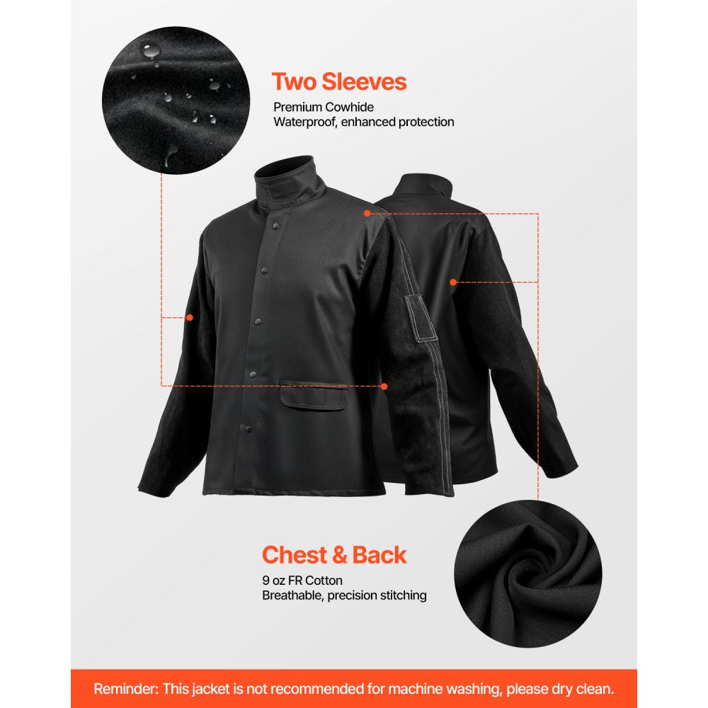 VEVOR Flame-Resistant Welding Jacket - L Size, Heavy Duty Split Cowhide Leather Sleeve + 9 oz. FR Cotton Body, Heat-Resistant Welding Safety Jacket with Snap Buttons & Pockets, Ideal for Welder Fitter