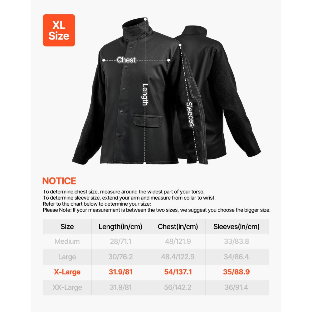 VEVOR Flame Resistant Welding Jacket, Heavy Duty Split Cowhide Leather Sleeves + 9 oz. FR Pure Cotton Body, Heat-Resistant Welding Safety Jacket for Welder Fitters - XL Size