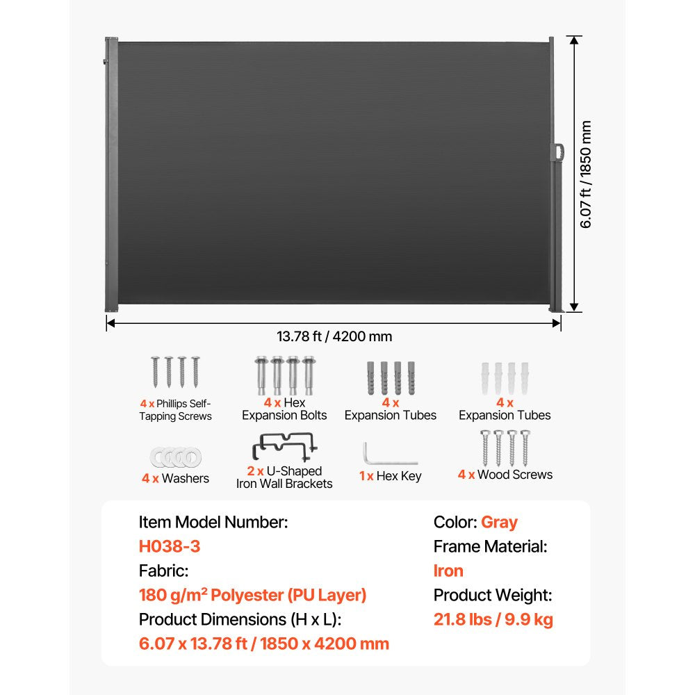 VEVOR Retractable Side Awning, 73" x 165" Patio Retractable Side Screen with 180 g/m² Polyester Fabric, Waterproof Sunshade Outdoor Privacy Screen Room Divider for Garden, Balcony, Pools, Deck, Gray