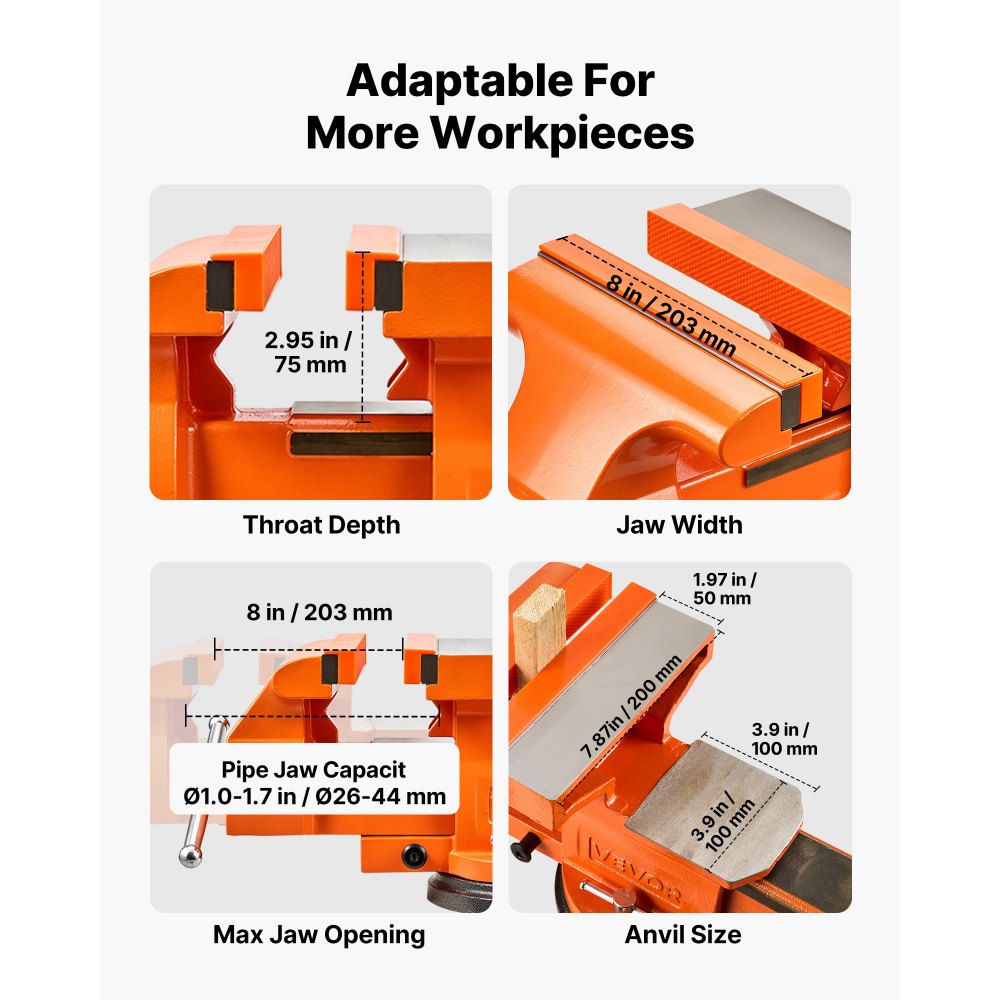 VEVOR Heavy Duty Bench Vise, 8" Jaw Width, Multi-Purpose Ductile Iron Bench Vise with Anvil and 360-Degree Locking Swivel Base, 2.95" Throat Depth, 8" Max Jaw Opening, for Drilling, Pipe Cutting