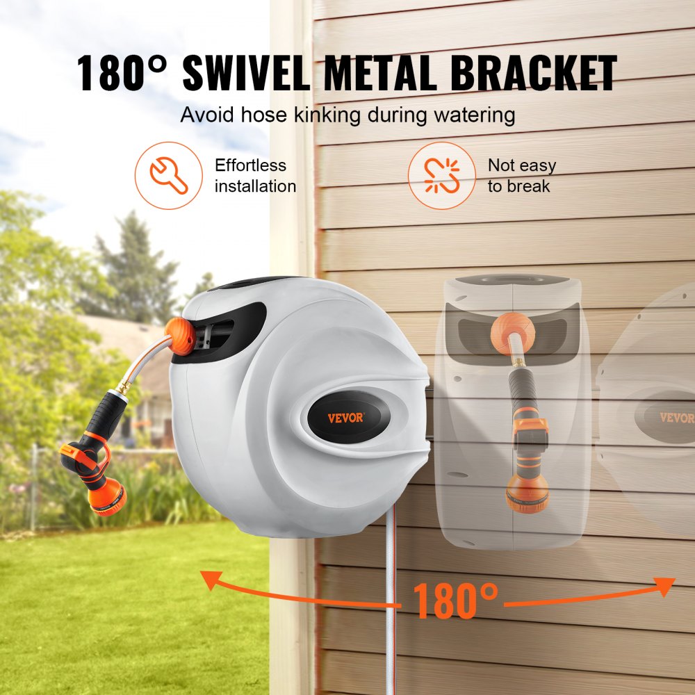 VEVOR Retractable Hose Reel, 100 ft x 1/2 inch, 180° Swivel Bracket Wall-Mounted, Garden Water Hose Reel with 9-Pattern Nozzle, Automatic Rewind, Lock at Any Length, and Slow Return System