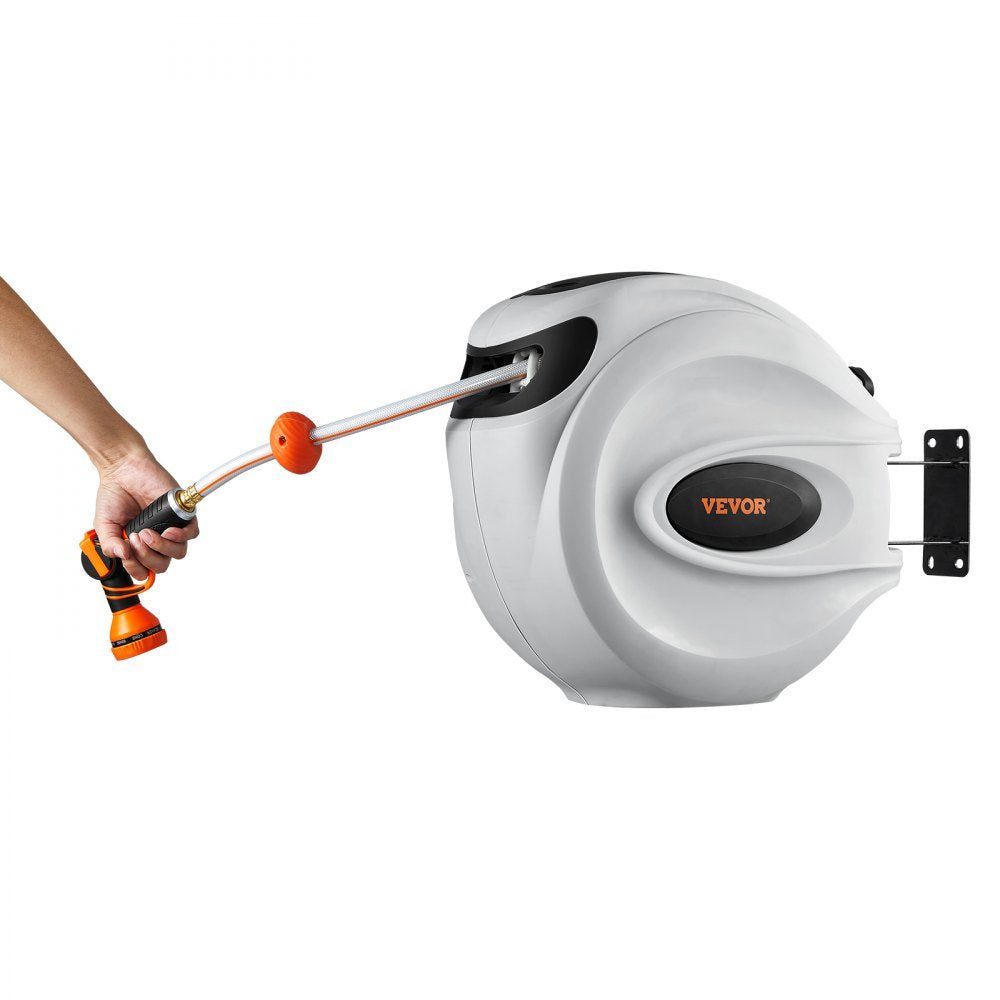 VEVOR Retractable Hose Reel, 100 ft x 1/2 inch, 180° Swivel Bracket Wall-Mounted, Garden Water Hose Reel with 9-Pattern Nozzle, Automatic Rewind, Lock at Any Length, and Slow Return System