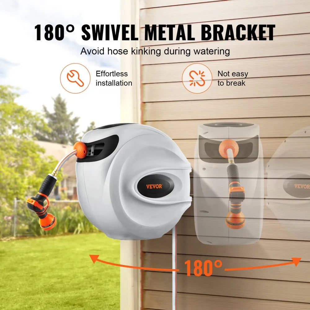 VEVOR Retractable Hose Reel, 115 ft x 1/2 inch, 180° Swivel Bracket Wall-Mounted, Garden Water Hose Reel with 9-Pattern Nozzle, Automatic Rewind, Lock at Any Length, and Slow Return System