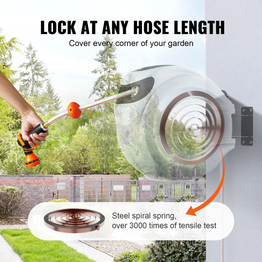 VEVOR Retractable Hose Reel, 115 ft x 1/2 inch, 180° Swivel Bracket Wall-Mounted, Garden Water Hose Reel with 9-Pattern Nozzle, Automatic Rewind, Lock at Any Length, and Slow Return System