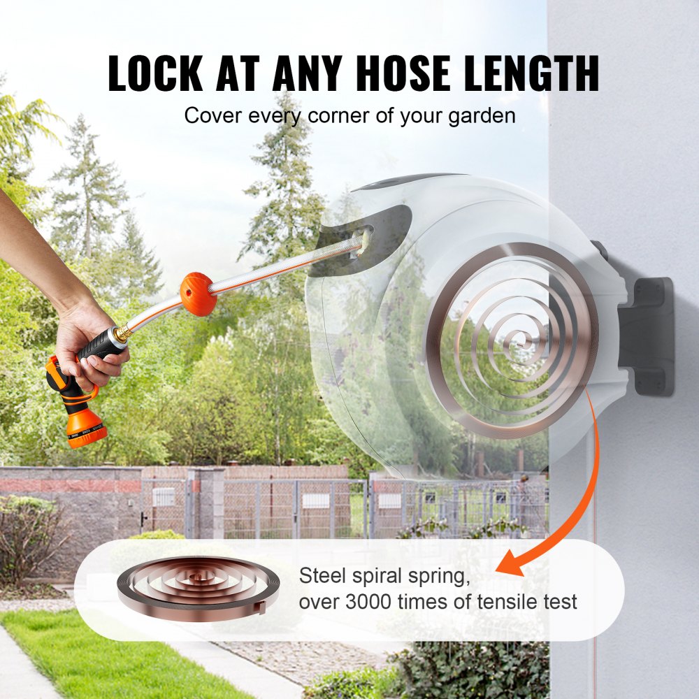 VEVOR Retractable Hose Reel, 65 ft x 5/8 inch, 180° Swivel Bracket Wall-Mounted, Garden Water Hose Reel with 9-Pattern Nozzle, Automatic Rewind, Lock at Any Length, and Slow Return System