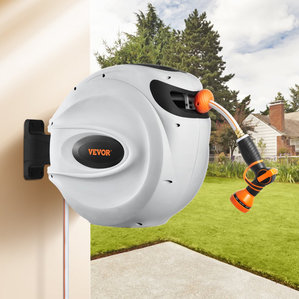 VEVOR Retractable Hose Reel, 65 ft x 5/8 inch, 180° Swivel Bracket Wall-Mounted, Garden Water Hose Reel with 9-Pattern Nozzle, Automatic Rewind, Lock at Any Length, and Slow Return System