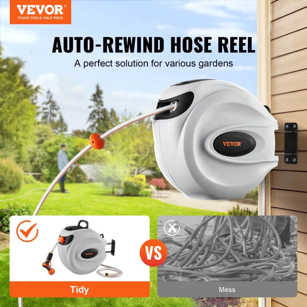 VEVOR Retractable Hose Reel, 84 ft x 5/8 inch, 180° Swivel Bracket Wall-Mounted, Garden Water Hose Reel with 9-Pattern Nozzle, Automatic Rewind, Lock at Any Length, and Slow Return System