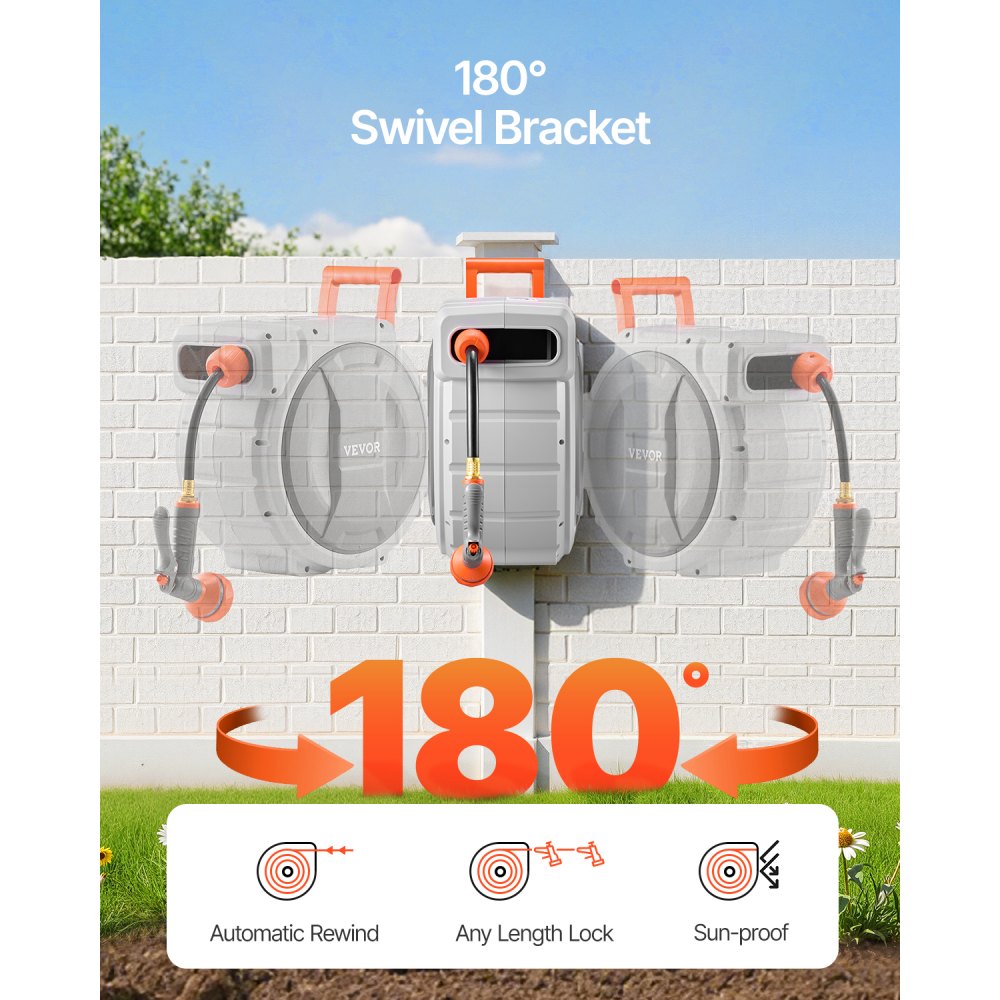 VEVOR Retractable Garden Hose Reel, 1/2 Inch x 145 ft Wall Mounted Hose Reel, Heavy Duty Garden Hose Reel with 9 Patterns Nozzle, Any Length Lock, Upgraded Slow Return System and 180°Swivel Bracket