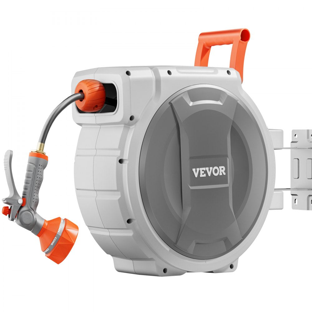 VEVOR Retractable Garden Hose Reel, 1/2 Inch x 145 ft Wall Mounted Hose Reel, Heavy Duty Garden Hose Reel with 9 Patterns Nozzle, Any Length Lock, Upgraded Slow Return System and 180°Swivel Bracket