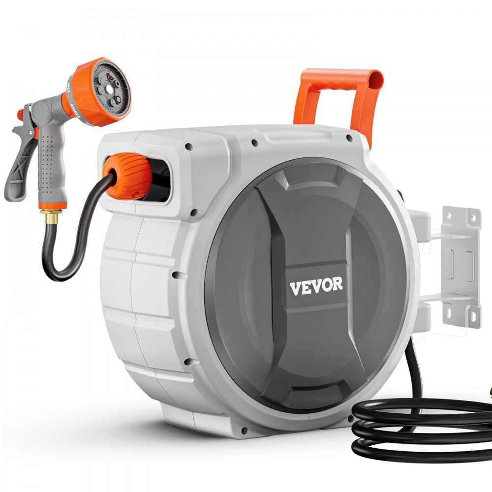 VEVOR Retractable Garden Hose Reel, 1/2 Inch x 145 ft Wall Mounted Hose Reel, Heavy Duty Garden Hose Reel with 9 Patterns Nozzle, Any Length Lock, Upgraded Slow Return System and 180°Swivel Bracket