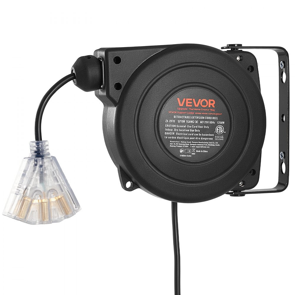 VEVOR Retractable Extension Cord Reel 30FT Heavy Duty 16AWG/3C SJTOW Black, for Ceiling/Wall Mount, 10A Circuit Breaker, Automatic Retractable Power Cord, Lighted Triple Tap, with 180° Swivel Bracket