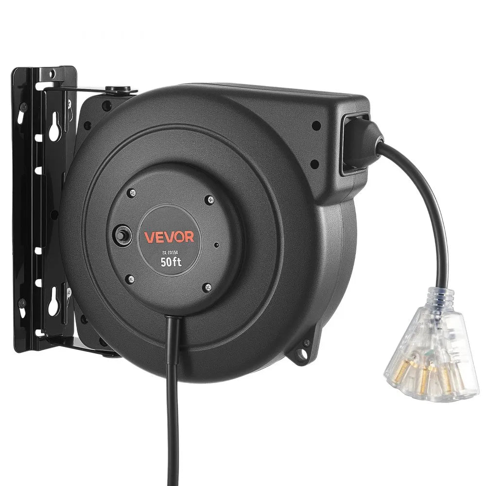 VEVOR Retractable Extension Cord Reel 50FT Heavy Duty 14AWG/3C SJTOW Black, for Ceiling/Wall Mount, 13A Circuit Breaker, Automatic Retractable Power Cord, Lighted Triple Tap, with 180° Swivel Bracket