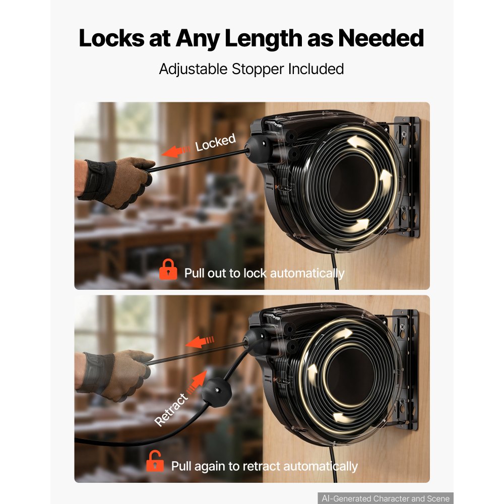 VEVOR Retractable Extension Cord Reel 65FT Heavy Duty 12AWG/3C SJTOW Black, for Ceiling/Wall Mount, 15A Circuit Breaker, Automatic Retractable Power Cord, Lighted Triple Tap, with 180° Swivel Bracket