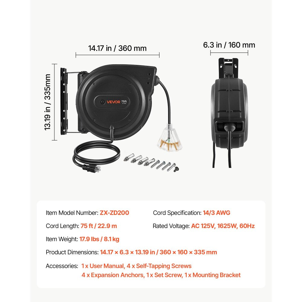 VEVOR Retractable Extension Cord Reel 75FT Heavy Duty 14AWG/3C SJTOW Black, for Ceiling/Wall Mount, 13A Circuit Breaker, Automatic Retractable Power Cord, Lighted Triple Tap, with 180° Swivel Bracket