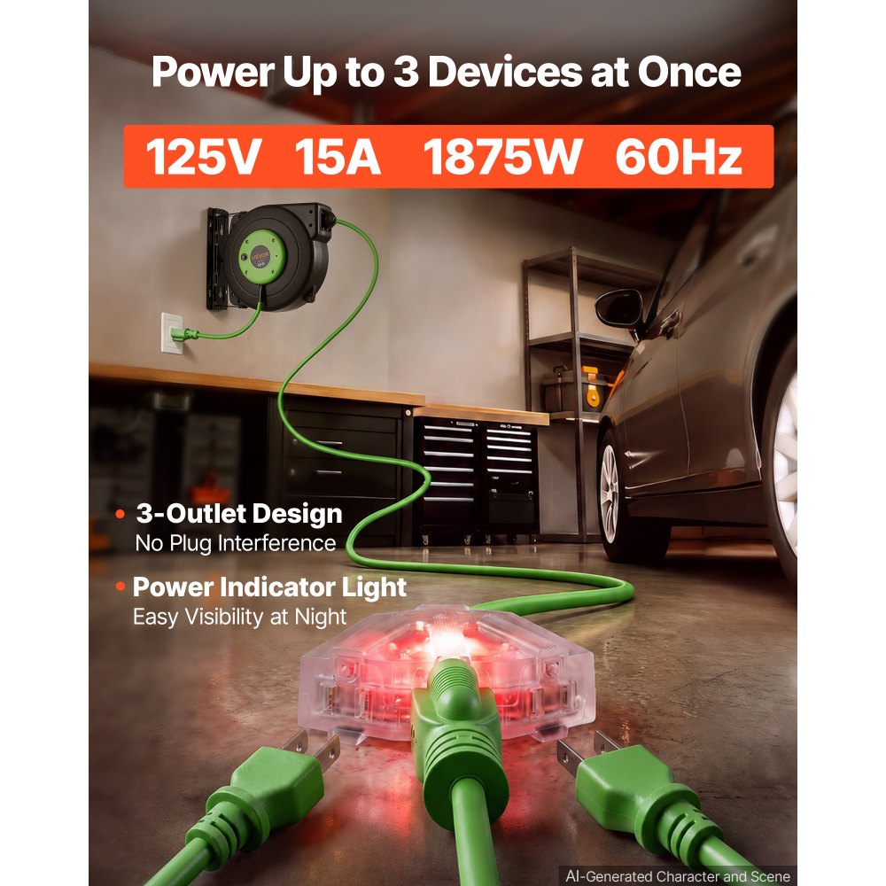 VEVOR Retractable Extension Cord Reel 45FT Heavy Duty 12AWG/3C SJTOW Green, for Ceiling/Wall Mount, 15A Circuit Breaker, Automatic Retractable Power Cord, Lighted Triple Tap, with 180° Swivel Bracket