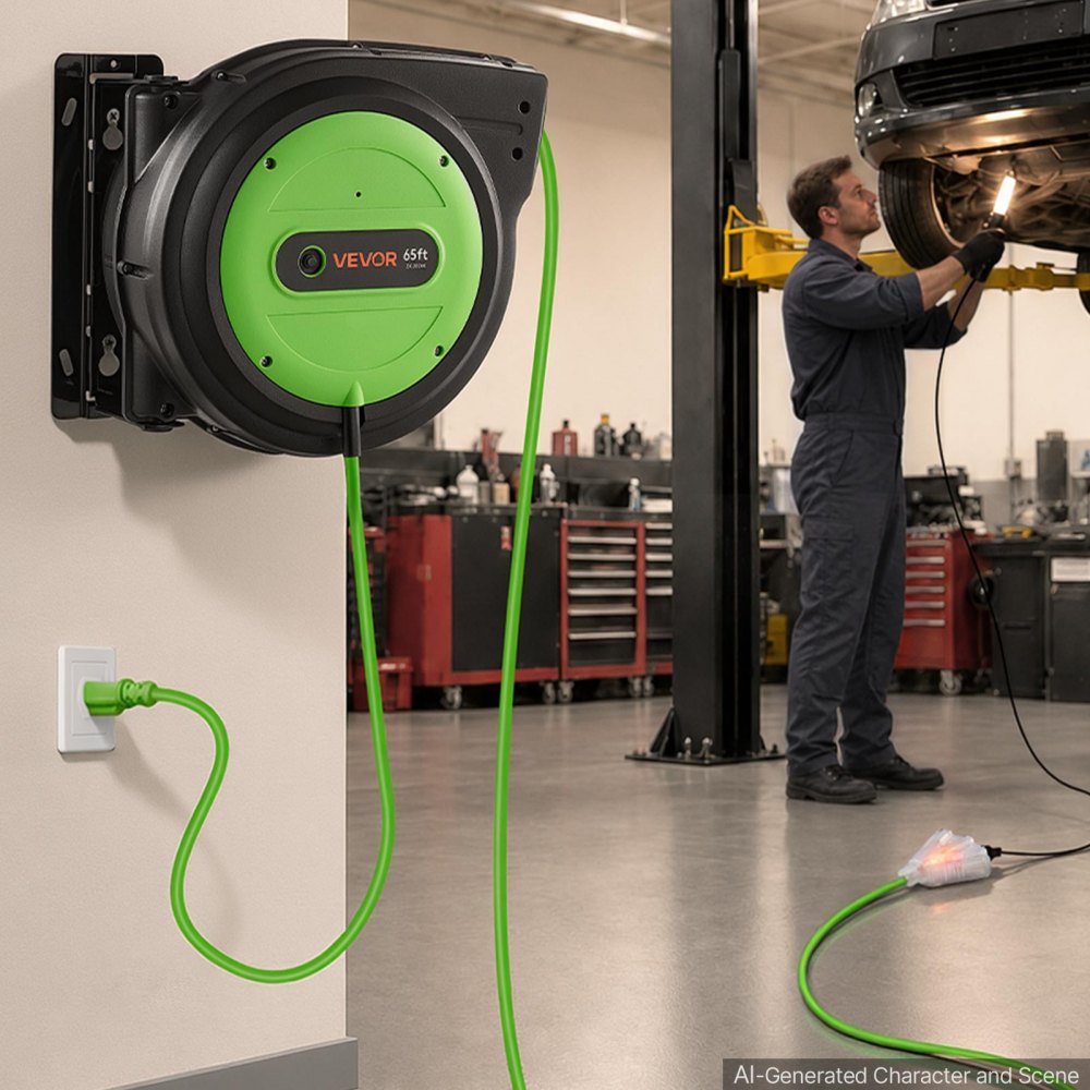 VEVOR Retractable Extension Cord Reel 65FT Heavy Duty 12AWG/3C SJTOW Green, for Ceiling/Wall Mount, 15A Circuit Breaker, Automatic Retractable Power Cord, Lighted Triple Tap, with 180° Swivel Bracket