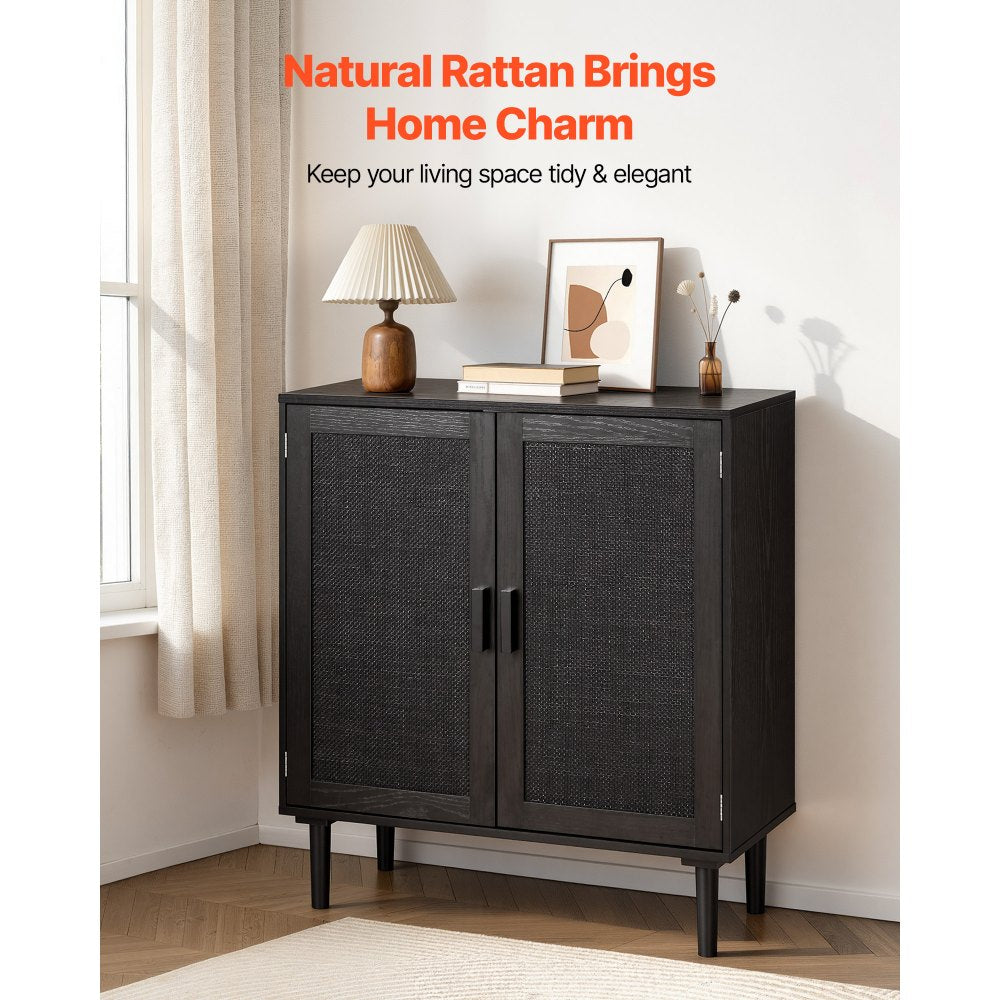 VEVOR Rattan Cabinet, Rattan Storage Cabinet with 2 Magnetic Doors and Adjustable Shelves, Accent Sideboard Buffet with Wooden Legs & Power Cord Hole for Hallway, Entryway, Living Room, Kitchen, Black